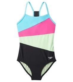 Speedo Girls' Solid Radiating Splice One Piece Swimsuit (Big Kid)