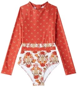 Seafolly Girls' Papillon Splice Long Sleeve One Piece Swimsuit (Big Kid)